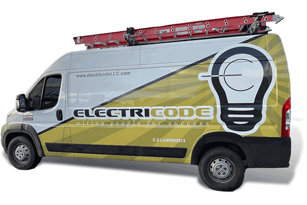ElectricCode service van with ladder on top and a large lightbulb graphic on the side.