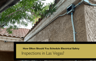 Exterior stucco wall with an electrical conduit; a yellow banner questions electrical safety inspections in Las Vegas.