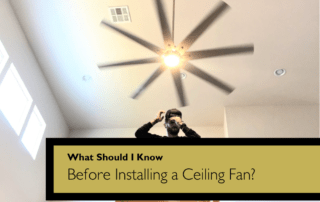 Worker on a ladder in a bright room with a ceiling fan and an installation tips banner.