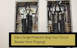 Two open electrical panels with wiring; caption asks if a surge protector can stop a circuit breaker from tripping.
