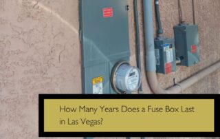 Outdoor fuse box and meters mounted on a stucco wall; yellow caption asks how many years a fuse box lasts in Las Vegas.