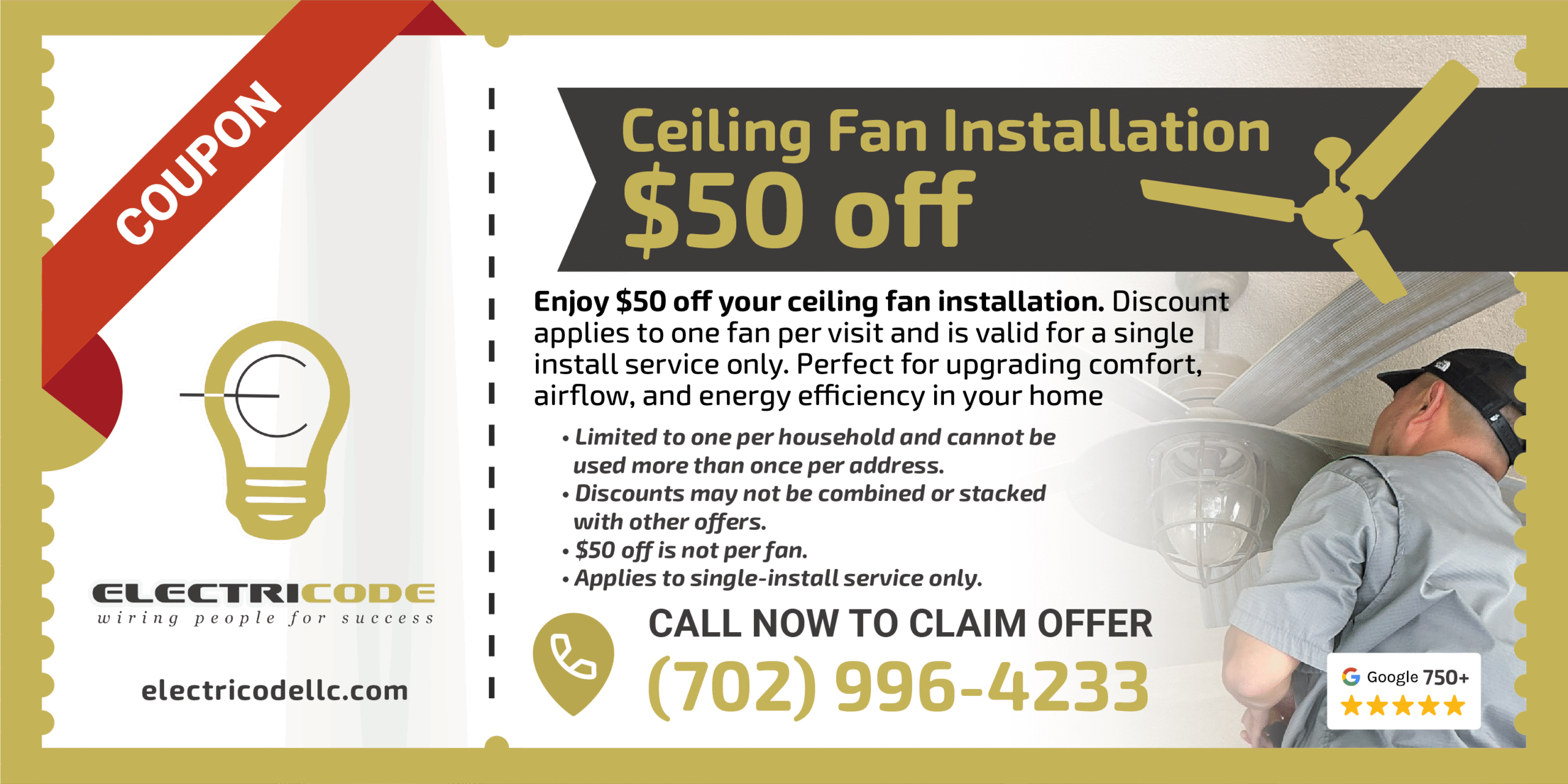 Coupon-style image for ceiling fan installation offering $50 off, showing a worker with a ceiling fan.