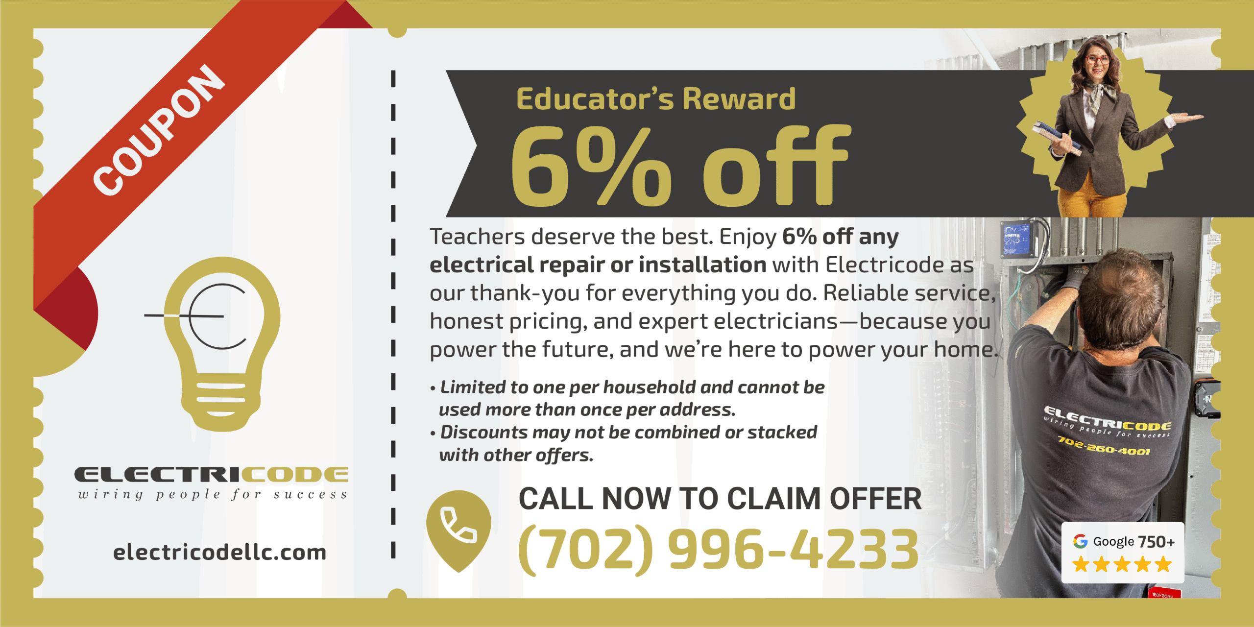 Coupon banner for Educator's Reward: 6% off; yellow/cream background, light bulb icon, and a person on the right.