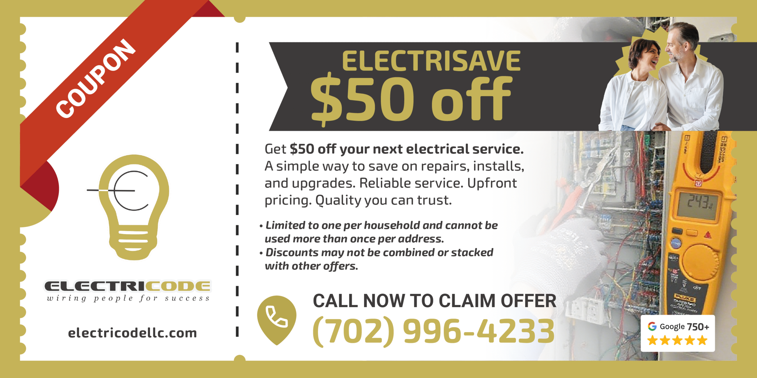 Coupon banner for Electrisave: $50 off; Get $50 off your next electrical service; yellow banner with light bulb icon and a person on the right.