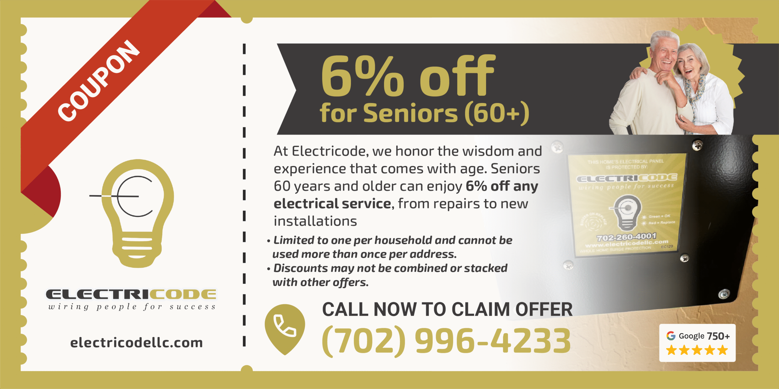 Coupon banner: 6% off for Seniors (60+); yellow/blue design, light bulb icon, senior with a laptop on the right.