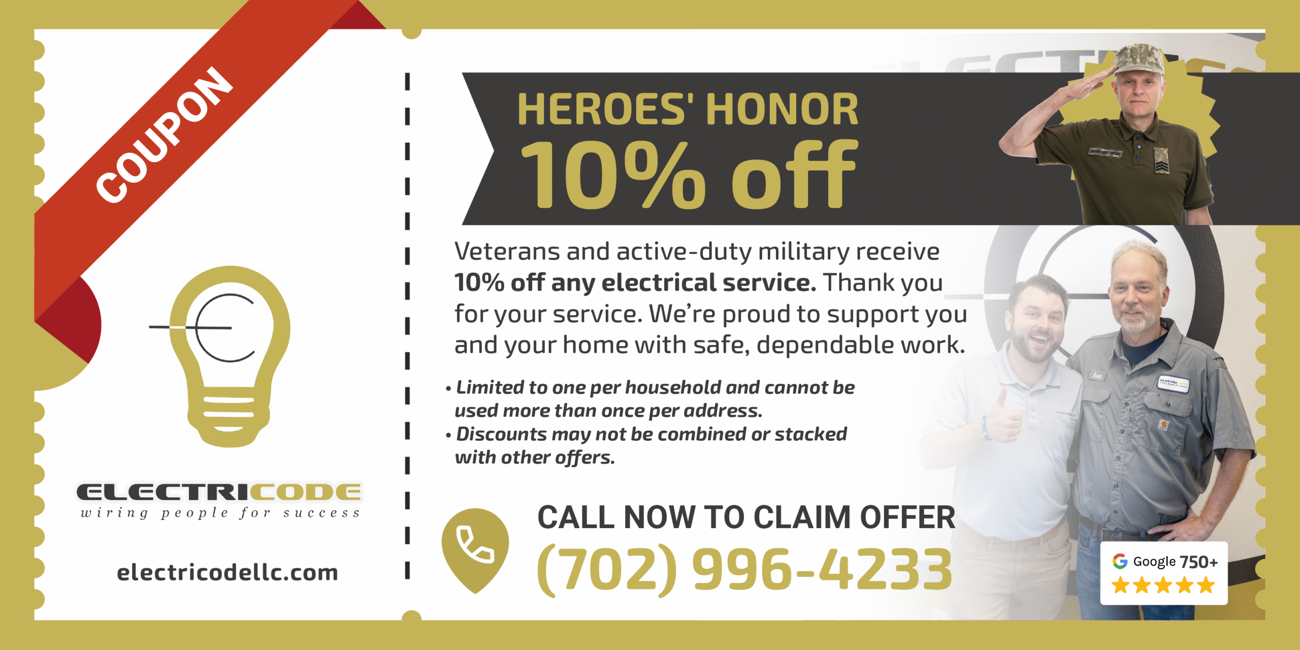 Coupon banner: Heroes' Honor 10% off; veterans and active-duty service members with a laptop, light bulb icon on yellow background.