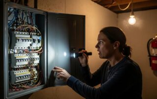 Homeowner inspecting an overloaded electrical panel with flickering lights