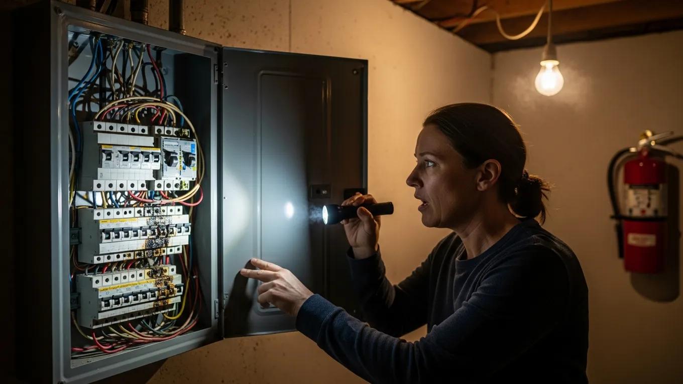 Homeowner inspecting an overloaded electrical panel with flickering lights