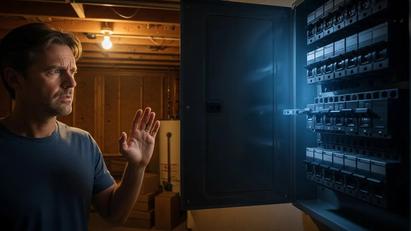 Homeowner observing a tripped circuit breaker in an electrical panel
