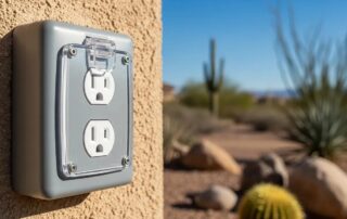 Weatherproof outlet cover in a sunny Las Vegas outdoor setting