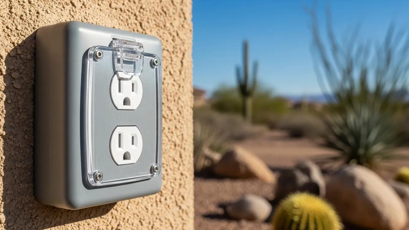 Weatherproof outlet cover in a sunny Las Vegas outdoor setting
