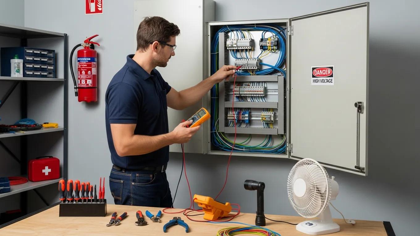 Electrician inspecting an electrical panel to prevent heat damage