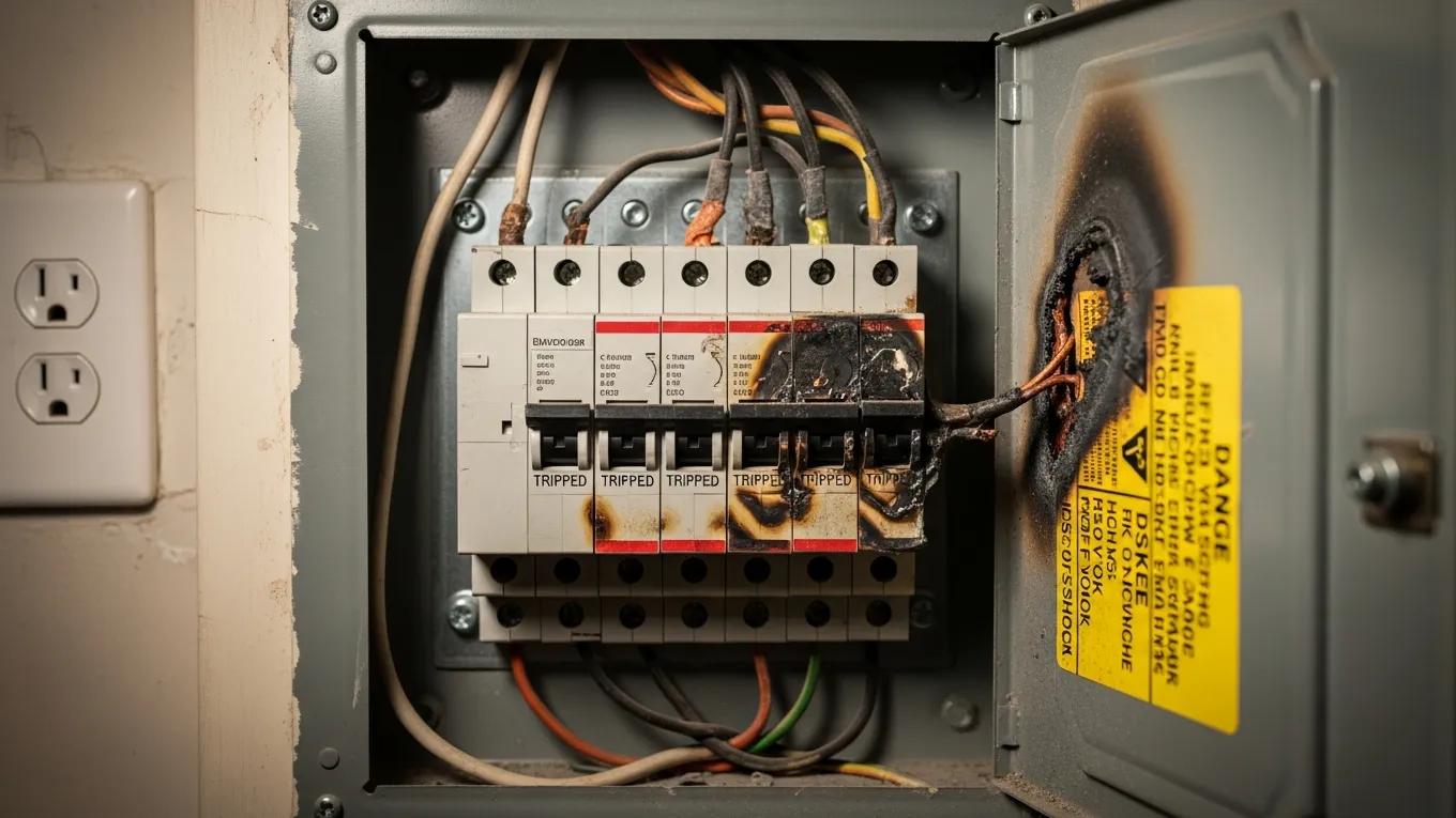 Faulty electrical panel with tripped breakers, highlighting safety risks and inspection needs